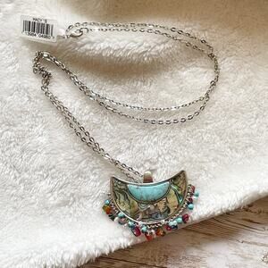 Macy’s Long Chain Half Moon Pendant Necklace Silver Tone Abalone Turquoise NWOT